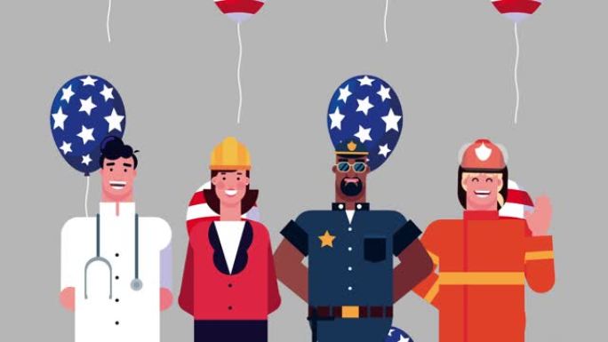 劳动节快乐庆祝与工人和美国国旗在气球氦气