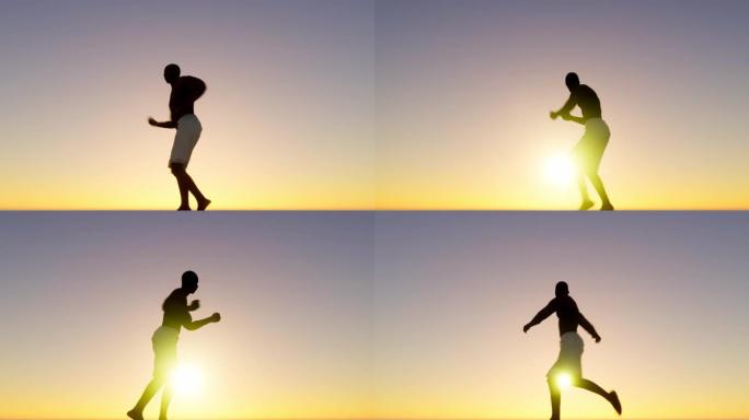 一个非裔美国人的男人的动画，当太阳在美丽的夏日傍晚落山时，无忧无虑地跳舞-可转