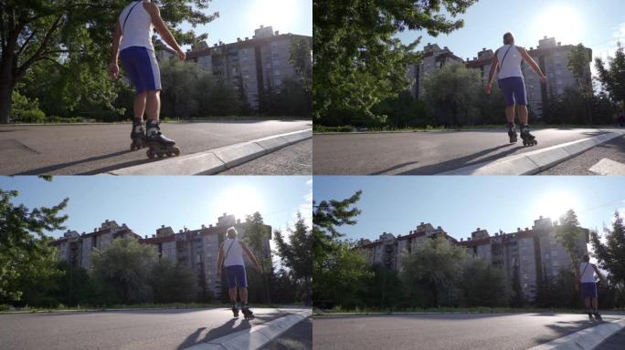 一名高级男子在城市道路上直排轮滑的慢动作镜头