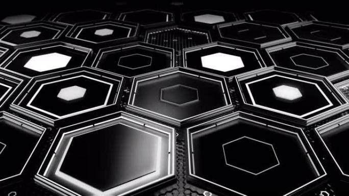 摘要技术背景由黑色六边形制成，具有白光，无缝环。动画。六角形3D墙，科幻单色设计