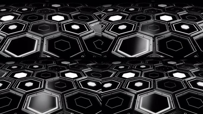 摘要技术背景由黑色六边形制成，具有白光，无缝环。动画。六角形3D墙，科幻单色设计