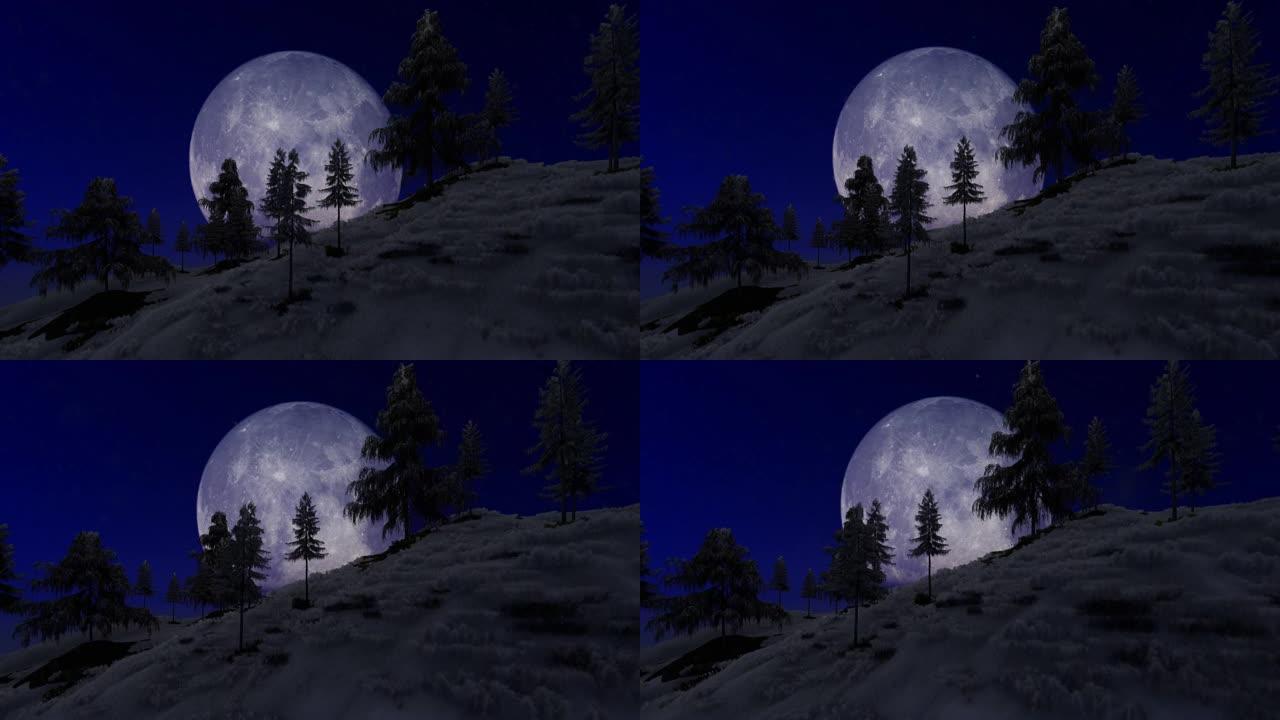 森林山后面的满月，面对星空，4k