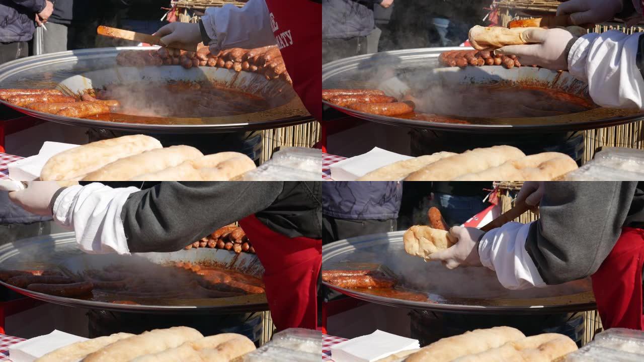 在街上卖热狗面包的香肠。