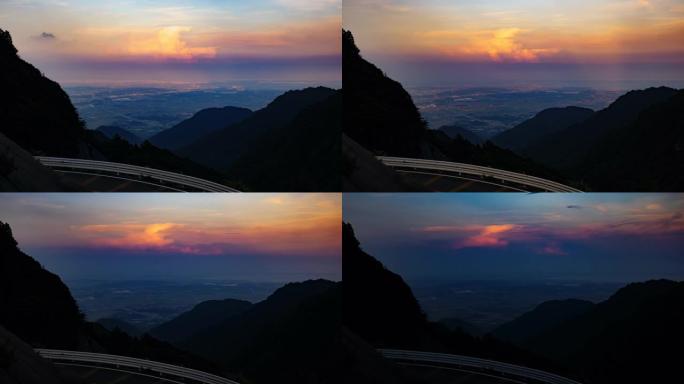 从Komono镇的Takehira Pass看到的夕阳照亮的积雨云的延时视频