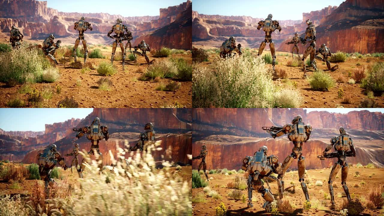 炎热的沙漠中的军用机器人正在为战斗做准备。小说、未来派或科幻背景的动画。
