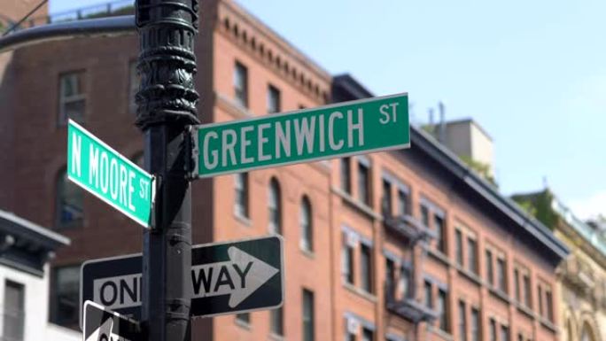 纽约市格林威治和N摩尔街标志，4k慢动作60fps