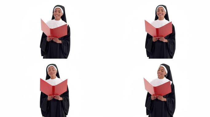 年轻开朗的非洲修女的肖像拿着带有乐谱和唱歌的红色文件夹。宗教概念。孤立在白色背景上
