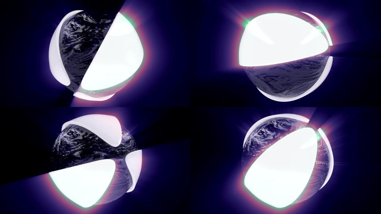 3d旋转未来派霓虹灯球覆盖有阿尔法通道的花瓣。无缝模式。