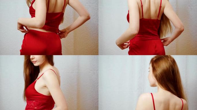 穿着红色丝绸睡衣的姜美女视频