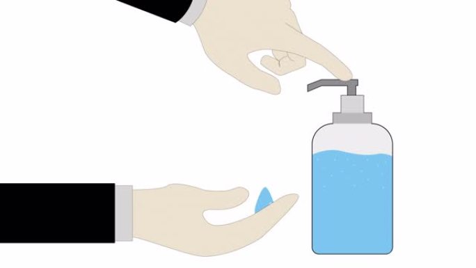 清洁手卫生的凝胶动画电晕病毒传播预防。用酒精洗手