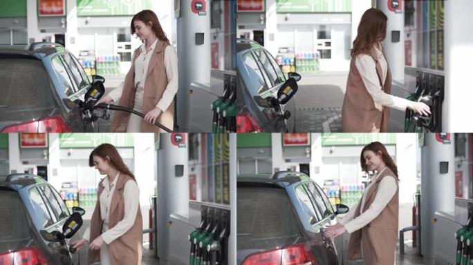 汽油价格，漂亮的女孩在加油站给车加油，女孩在加油站把燃油喷嘴插入汽车油箱