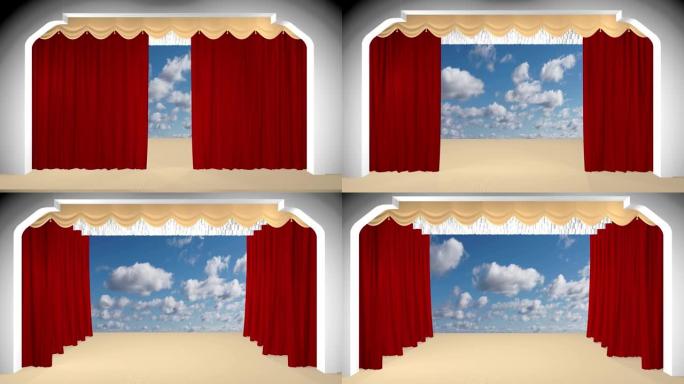 剧院的帷幕拉开了，背景中云的移动。3D渲染