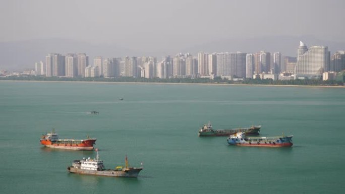 三亚城市海湾停车场酒店景观全景4k中国海南