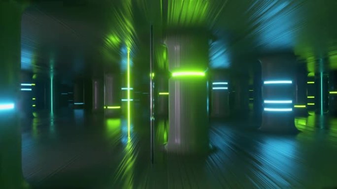 沿着霓虹灯玻璃柱和柱子飞过未来派的走廊。现代紫外线霓虹灯。无缝循环3d渲染
