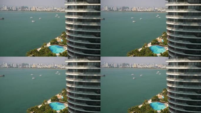 中国海南4k豪华度假酒店建筑阳台景观岛湾全景