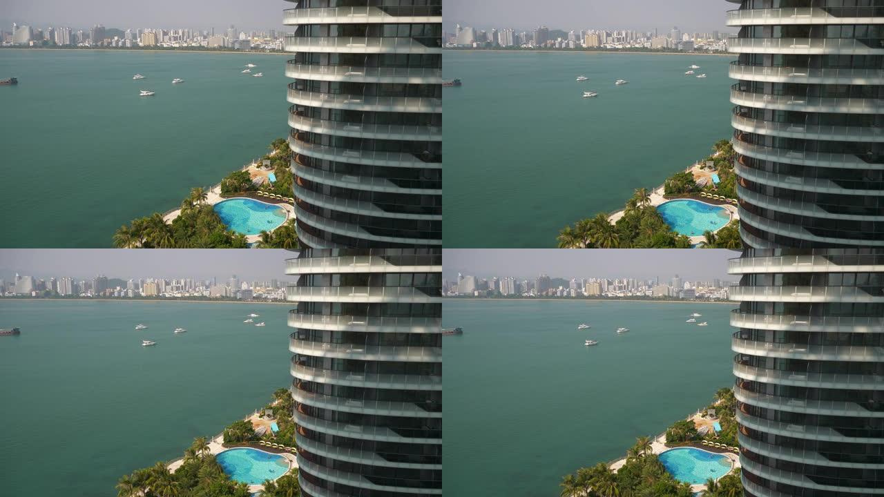 中国海南4k豪华度假酒店建筑阳台景观岛湾全景