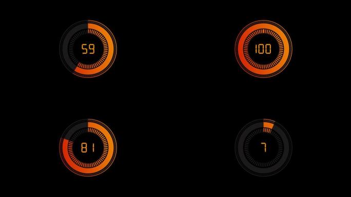 在黑色背景上加载的2D动画。这个数字是圆形的。圆圈中间的数字从1到100不等。4K 60FPS。