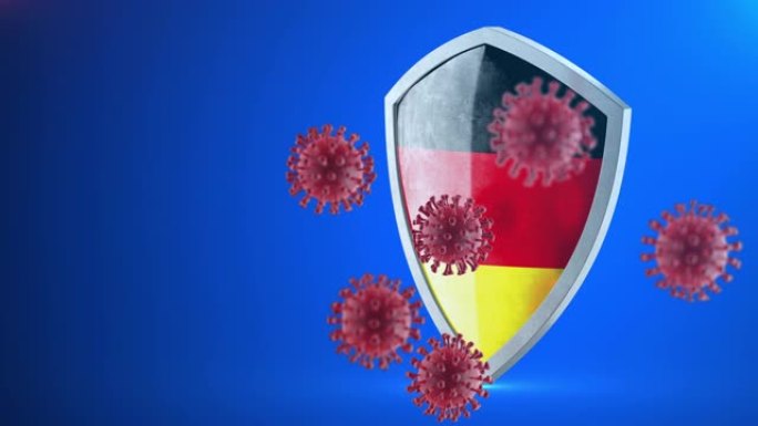 安全防护罩作为病毒保护概念。冠状病毒Sars-Cov-2安全屏障。涂成德国国旗的闪亮钢盾防御细胞，新
