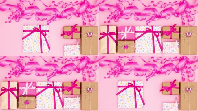 不同的生日礼物创意出现在粉红丝带下。停止运动
