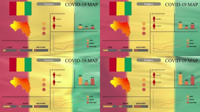 几内亚信息图设计中的冠状病毒或新型冠状病毒肺炎大流行，几内亚地图带有标志，图表和指示器，显示了病毒传