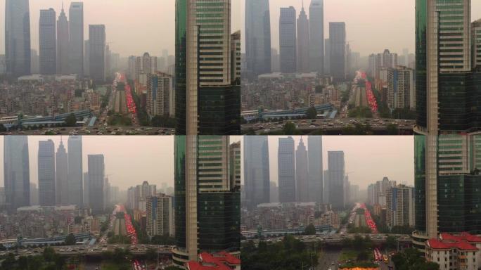 日落广州市市区著名旧区建筑交通街空中全景4k中国