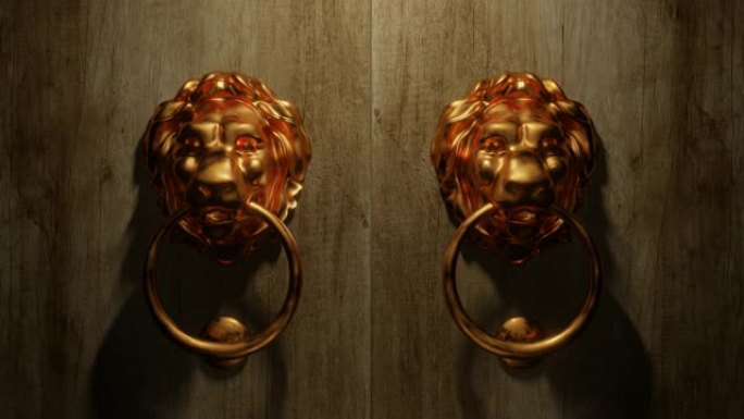 电影3D绿屏过渡-狮子黄铜门环敲3次。门打开并露出绿色屏幕。3D插图
