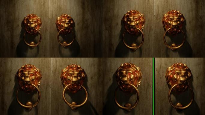 电影3D绿屏过渡-狮子黄铜门环敲3次。门打开并露出绿色屏幕。3D插图