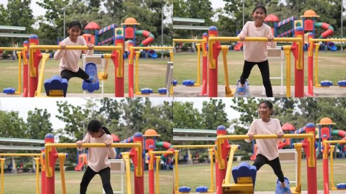 亚洲女孩户外运动器材锻炼，生活方式理念。