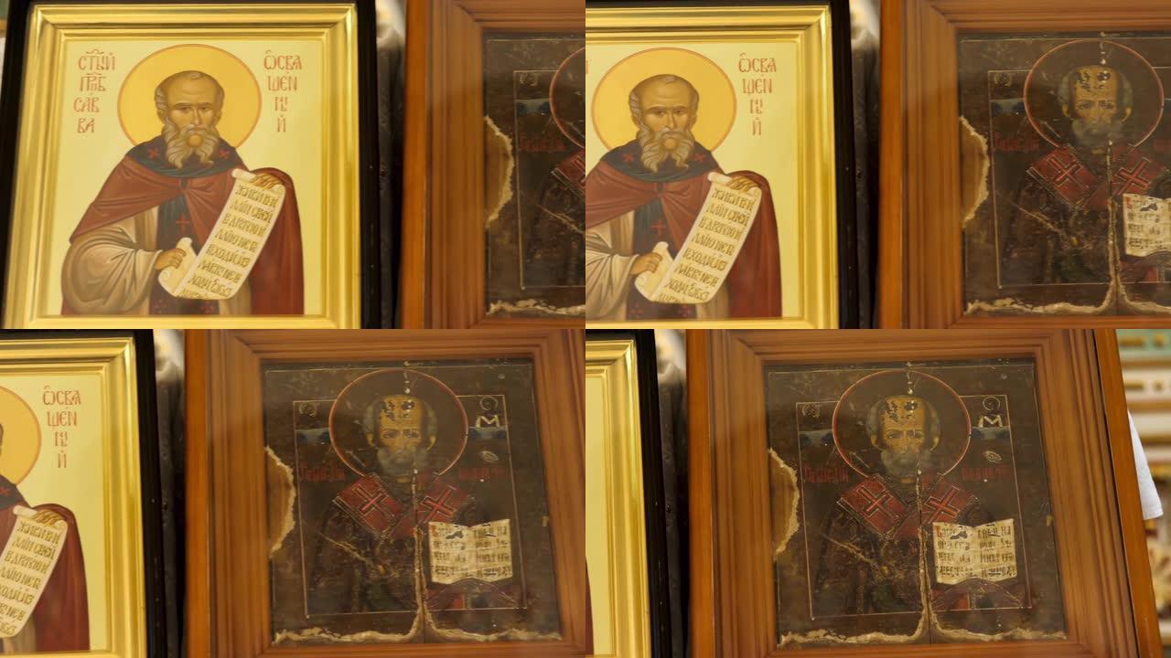 俄罗斯-莫斯科，2020年3月25日: 东方东正教的神圣偶像，宗教概念。库存镜头。展示圣经故事的古代
