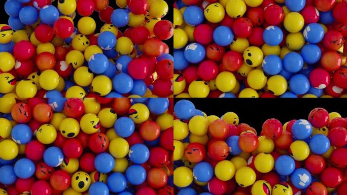 掉落和填充屏幕的3D动画黄色红色和蓝色的球与表情符号的不同微笑。Facebook喜欢按钮和移情表情符