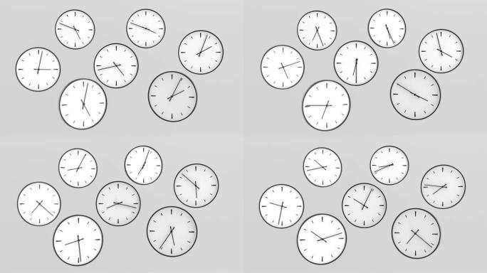 时钟动画，许多具有不同时间的对象。灰色背景上的最小白色设计。3D渲染