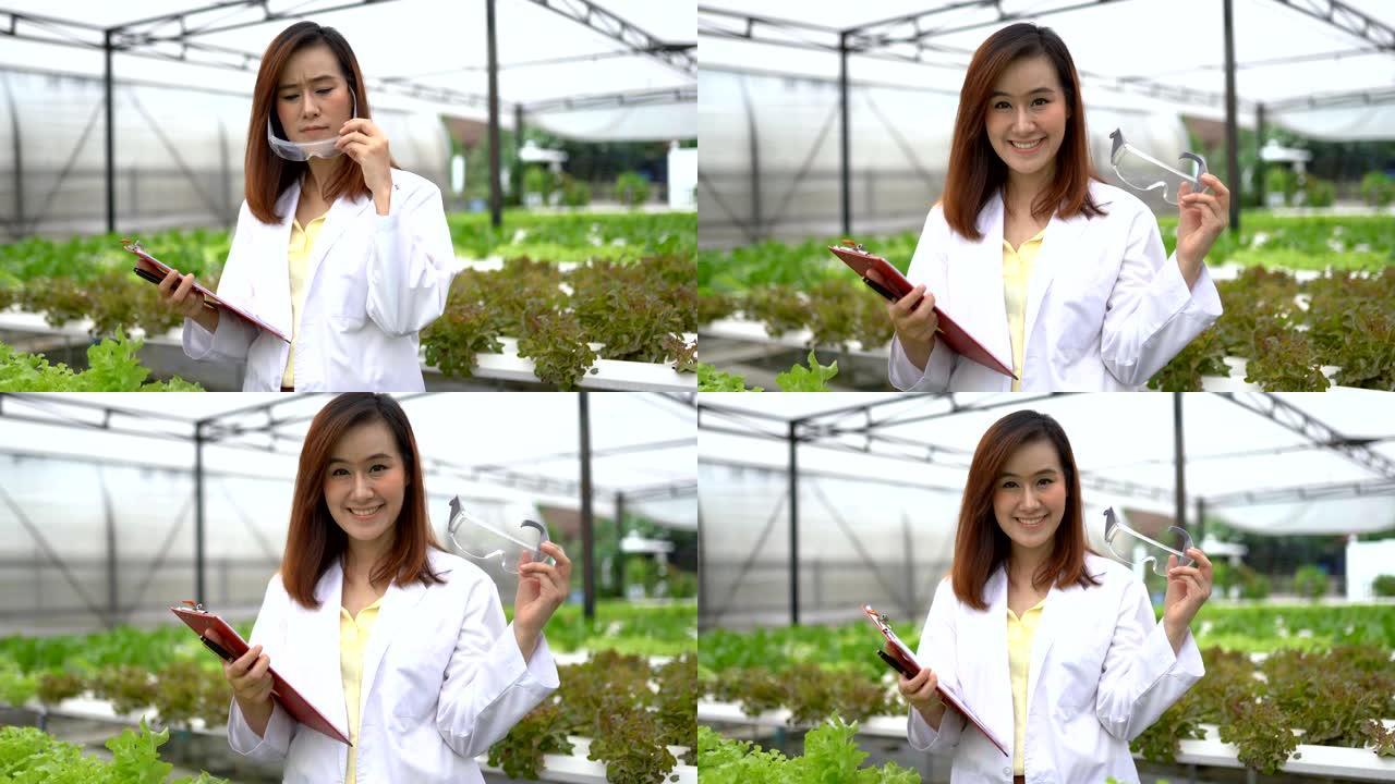 亚洲妇女在水力农场收获新鲜蔬菜