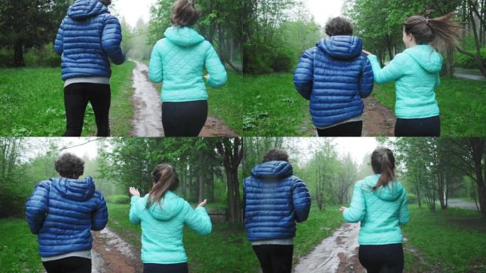 在雨中锻炼。夫妇在公园的强雨中奔跑，周围绿树成荫