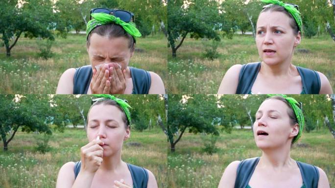 有花粉过敏症状的女性用鼻子闻空气，站在夏季的自然背景下。生病的小女孩打喷嚏，用手帕擤鼻子，用鼻喷雾剂