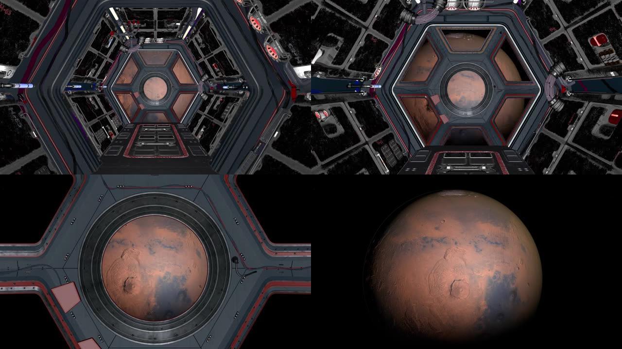 宇宙飞船奇妙的科幻走廊。从窗户上你可以看到火星。NASA提供的这段视频的元素。