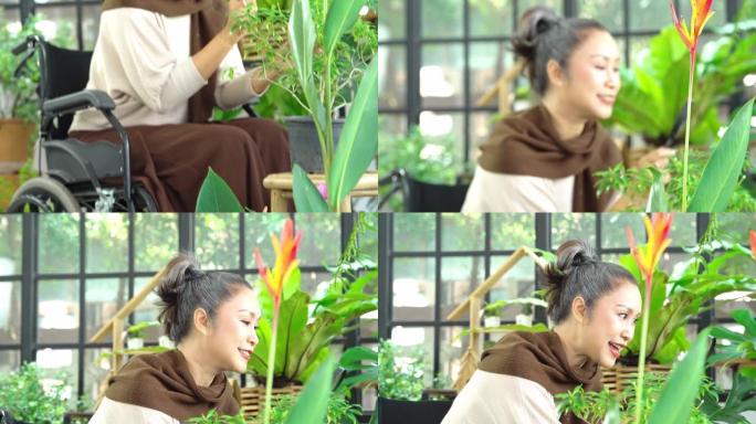 亚洲高级女性在grenhouse使用放大镜外观植物