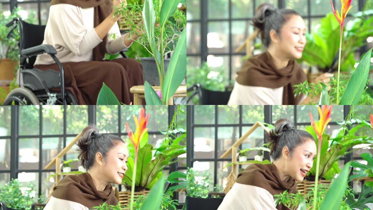 亚洲高级女性在grenhouse使用放大镜外观植物
