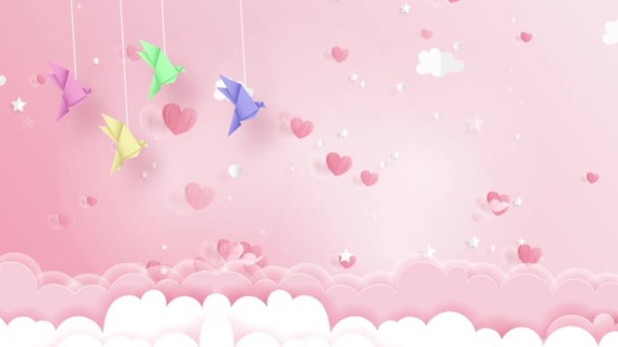 彩色纸鸟和心漂浮在明亮的粉红色背景的绳子上