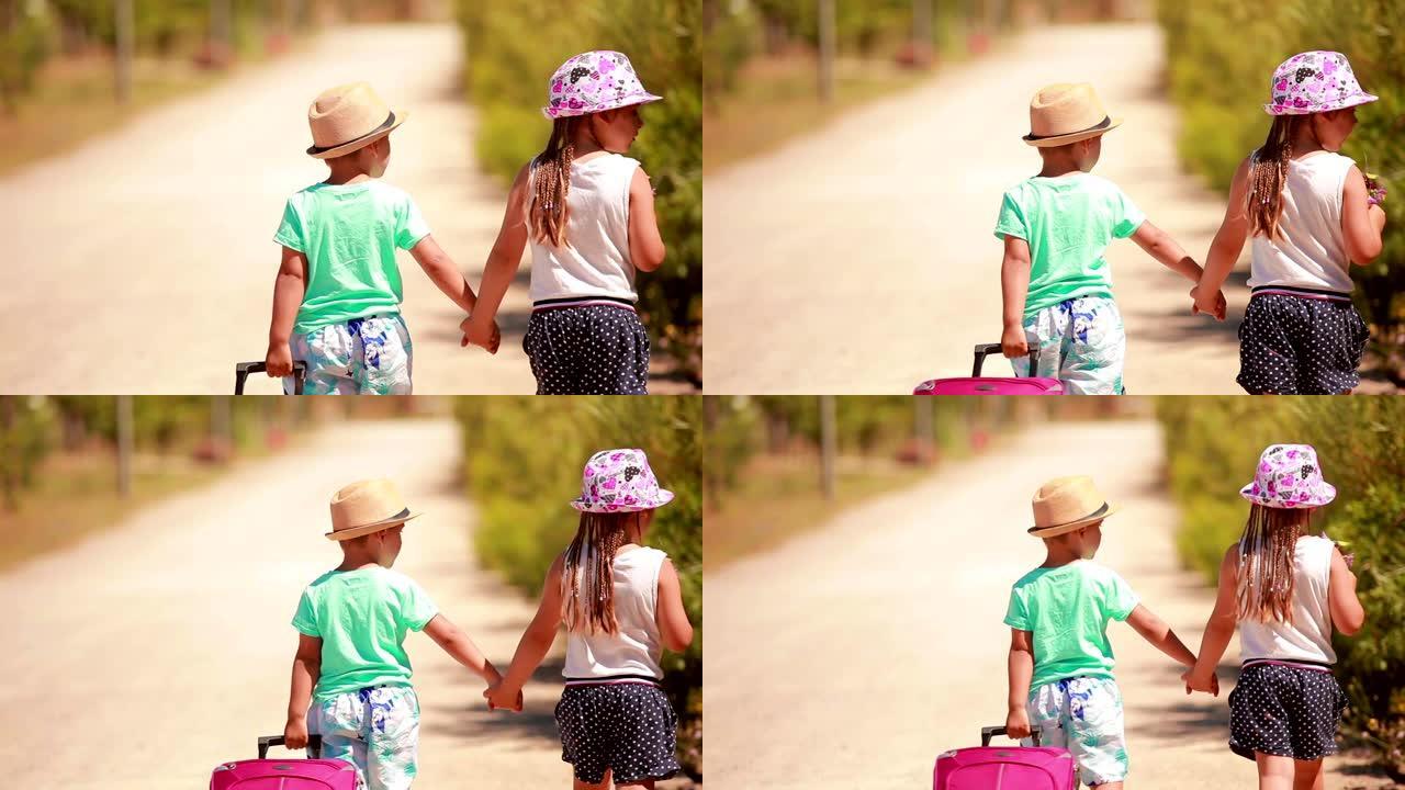 戴着帽子的可爱小男孩和女孩手拉手走在马路上