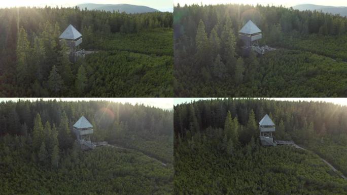 太阳张开的无人驾驶飞机轨道拍摄的watch望塔