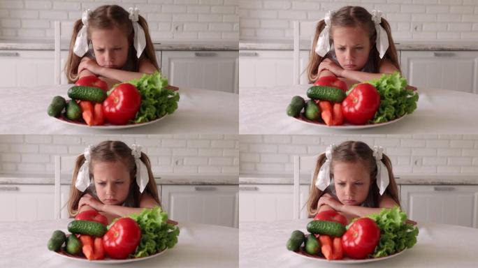 小女孩不想吃蔬菜。孩子生气了，转身离开。