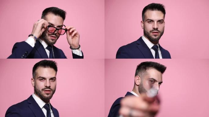 一个性感诱人的商人摘下墨镜，用墨镜朝镜头深处看，转过身，离开粉红色的背景