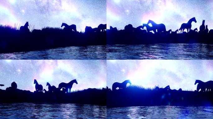 在星星和北极光的背景下，一大群马在池塘附近的草原上吃草。畜牧业和自然。