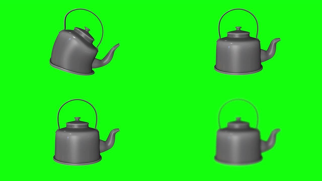 8动画不同茶壶厨房水壶锅炉金属绿屏3d色度键