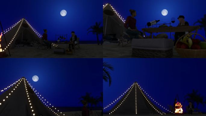 海边 沙滩 露营 夜晚 月亮