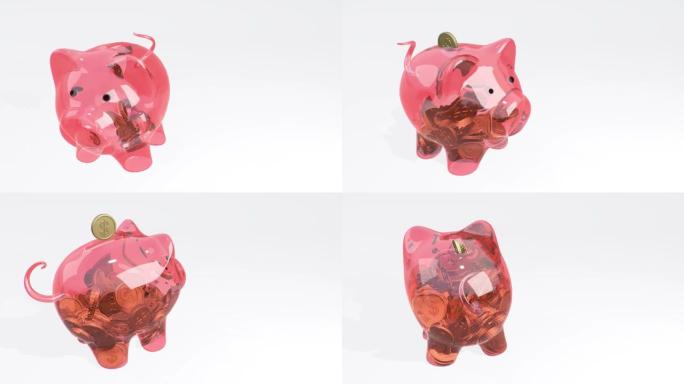 硬币落入粉红色的玻璃存钱罐-财富，节俭和有效的投资计划和业务的象征。金融成功的象征。现金储蓄。
