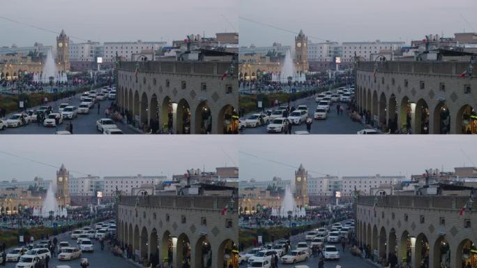 在伊拉克埃尔比勒 (Erbil) 的大巴扎 (Grand Bazaar)，总是拥挤的城堡喷泉和花园中