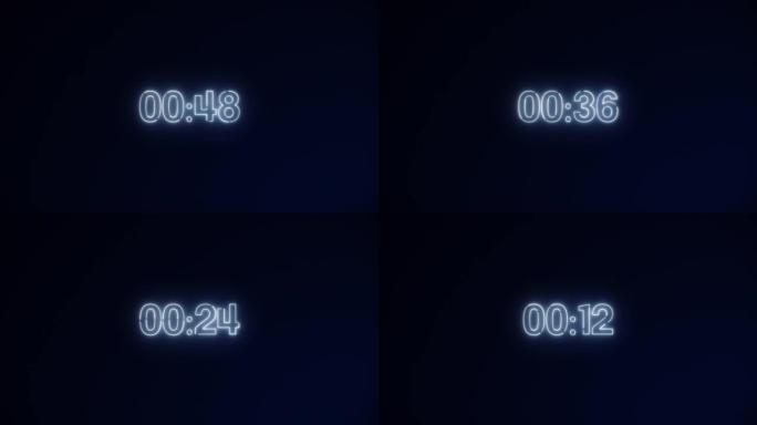 黑色背景上的白色霓虹灯60秒倒计时。运行动态灯。计时器从60到0秒。1分钟倒计时。30或10秒。速度