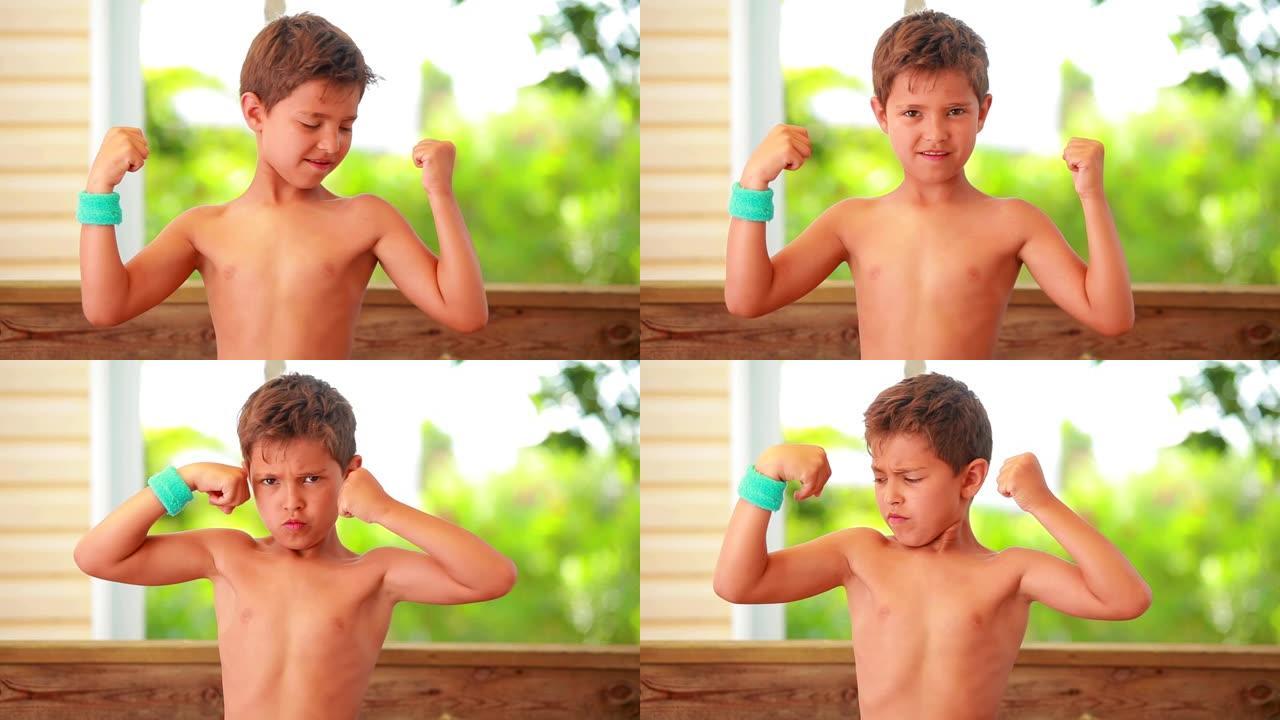 这个自信的男孩正在展示肌肉