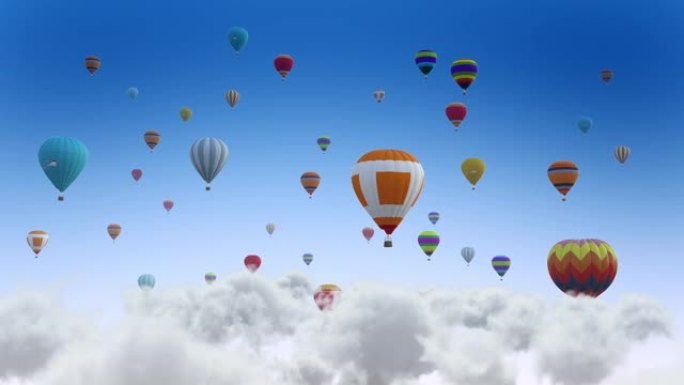 彩色气球在云层中飞行。气球节。